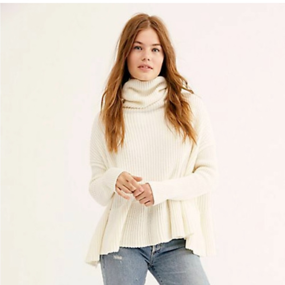 Free People Women Turtleneck Sweater Ribbed Cowl Neck